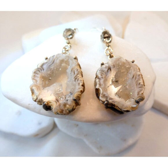 Natural Geode Slice Quartz Druzy Herkimer Diamond Sterling Silver Earrings - Picture 7 of 8